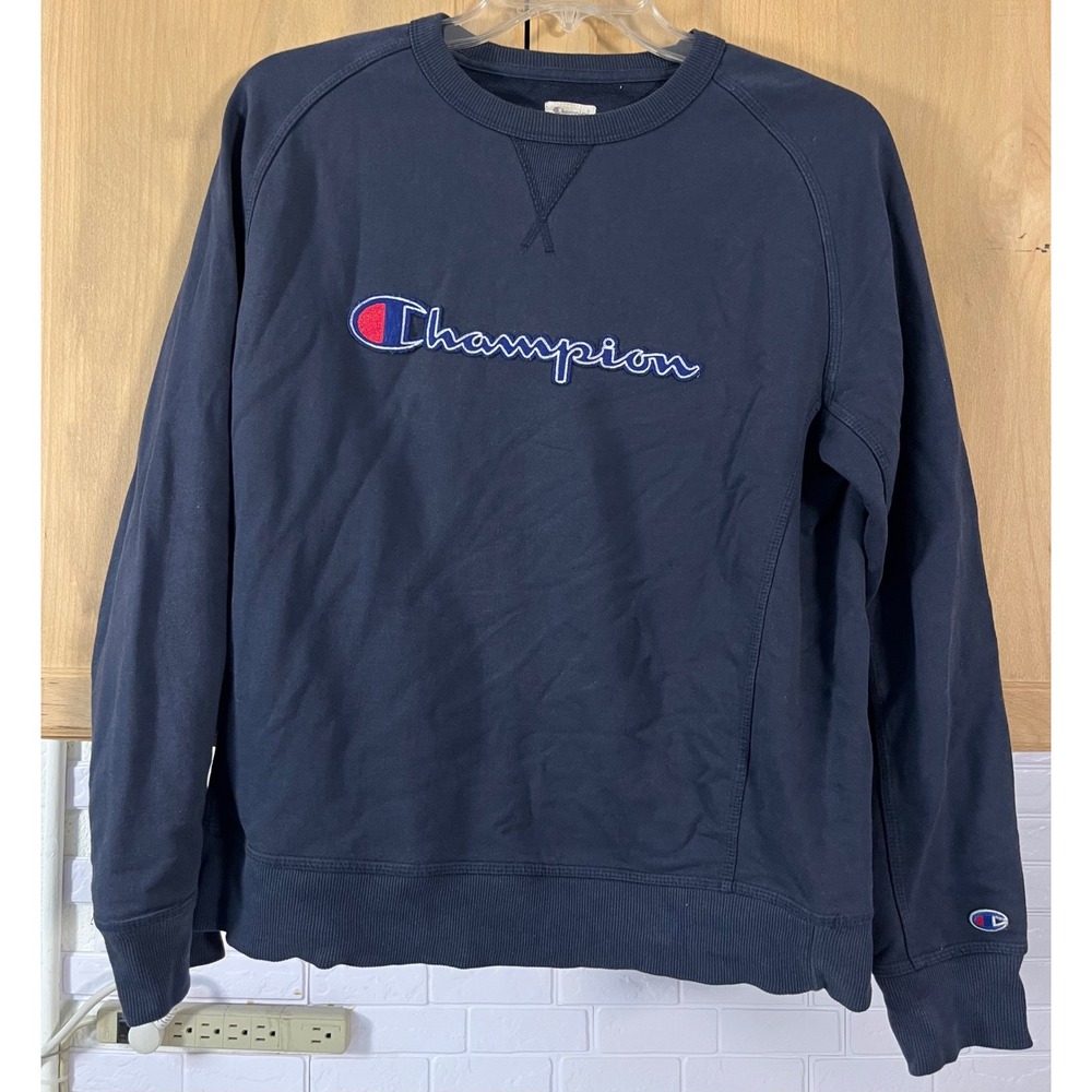 Champion Sweatshirt Mens XL Navy Blue Script Logo Crewneck Raglan Pullover